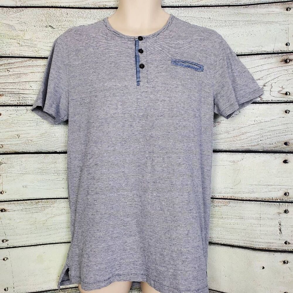 Outpost Makers Men’s L Blue Striped Short Sleeve Henley Casual Shirt